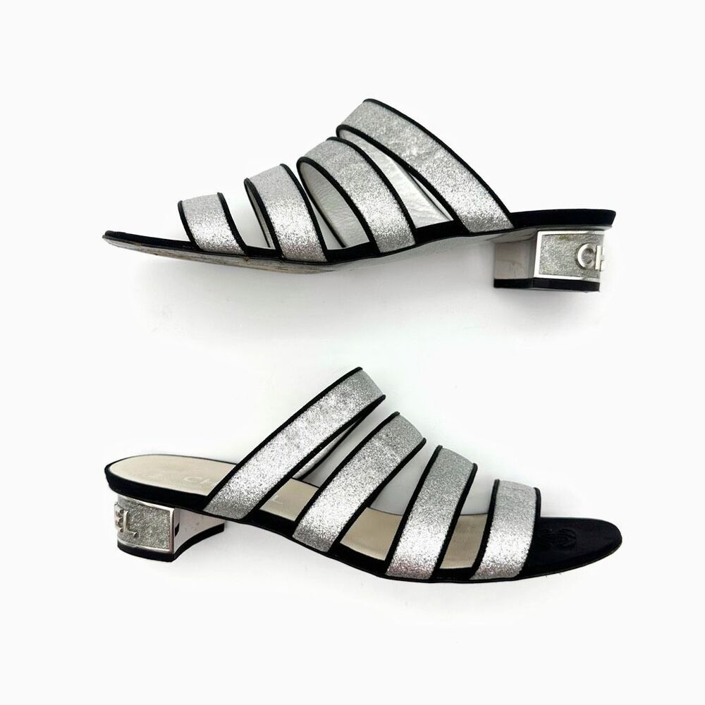 CHANEL 2018 Silver Glitter Black Leather Slide Heels Size 39.5 Strappy Mules - Picture 2 of 12